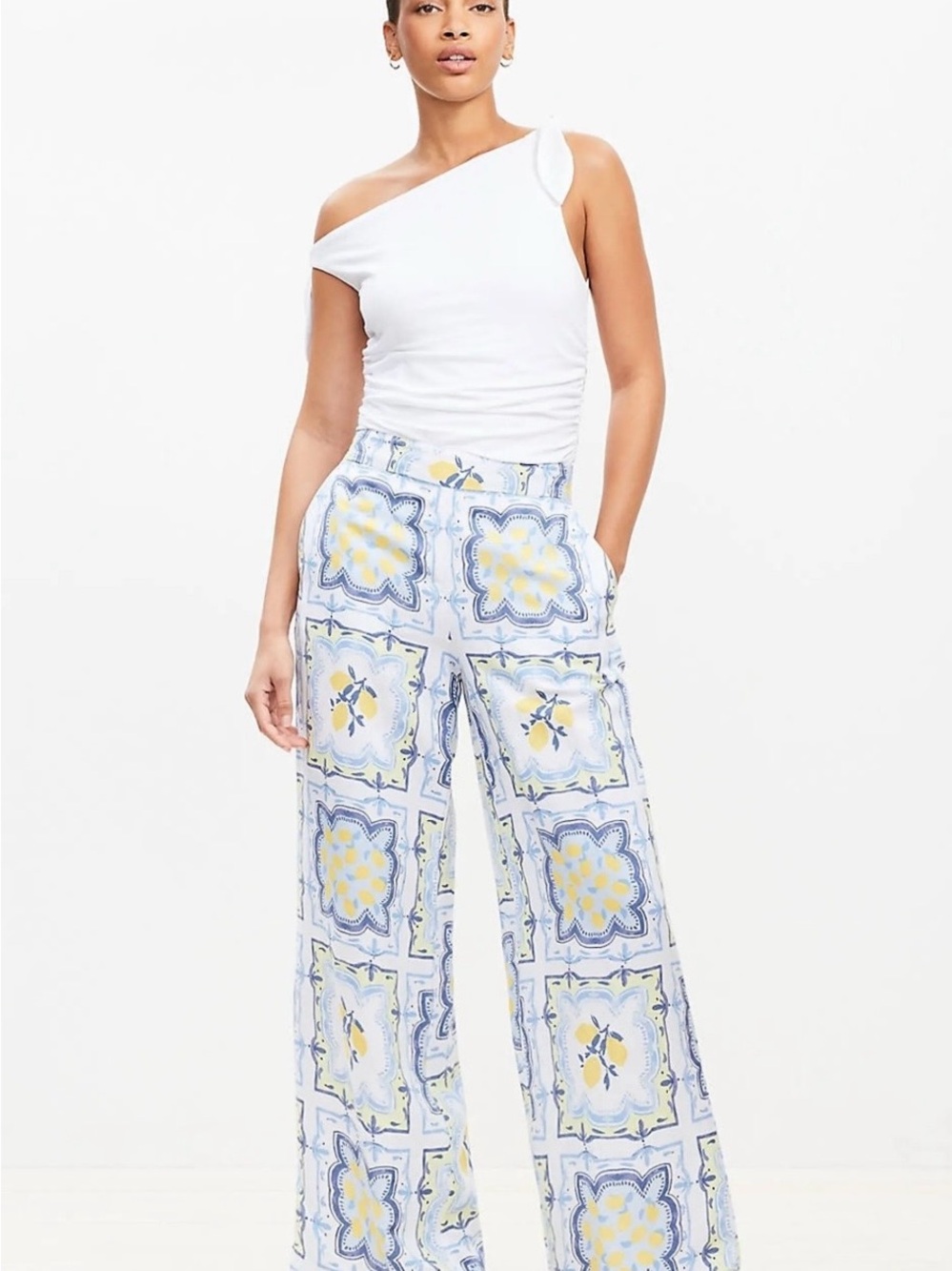 RARE LOFT Lemon Print Linen Wide Leg Pants Size Large Summer Mediterranean Print